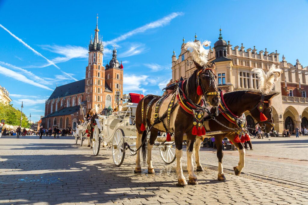 Horse carriages at main square in Krakow