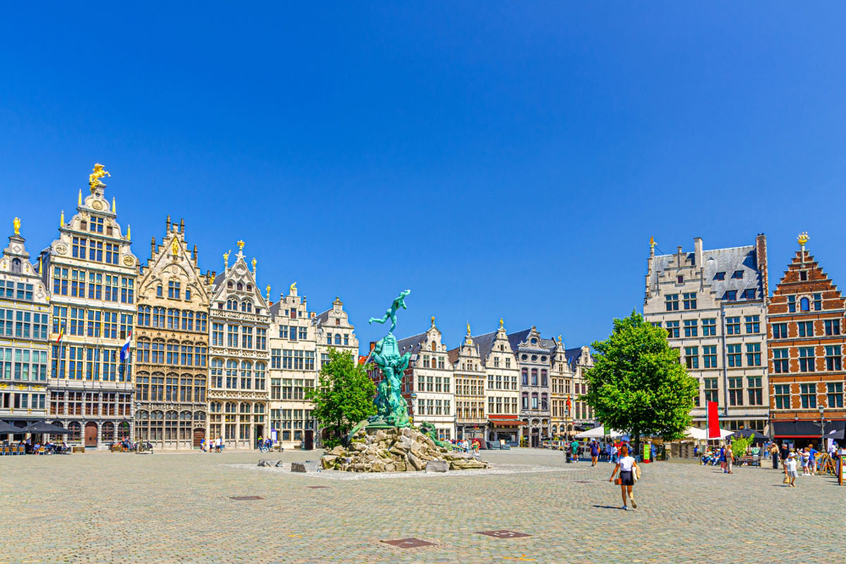 Antwerp cityscape with Brabofontein Brabo Fountain