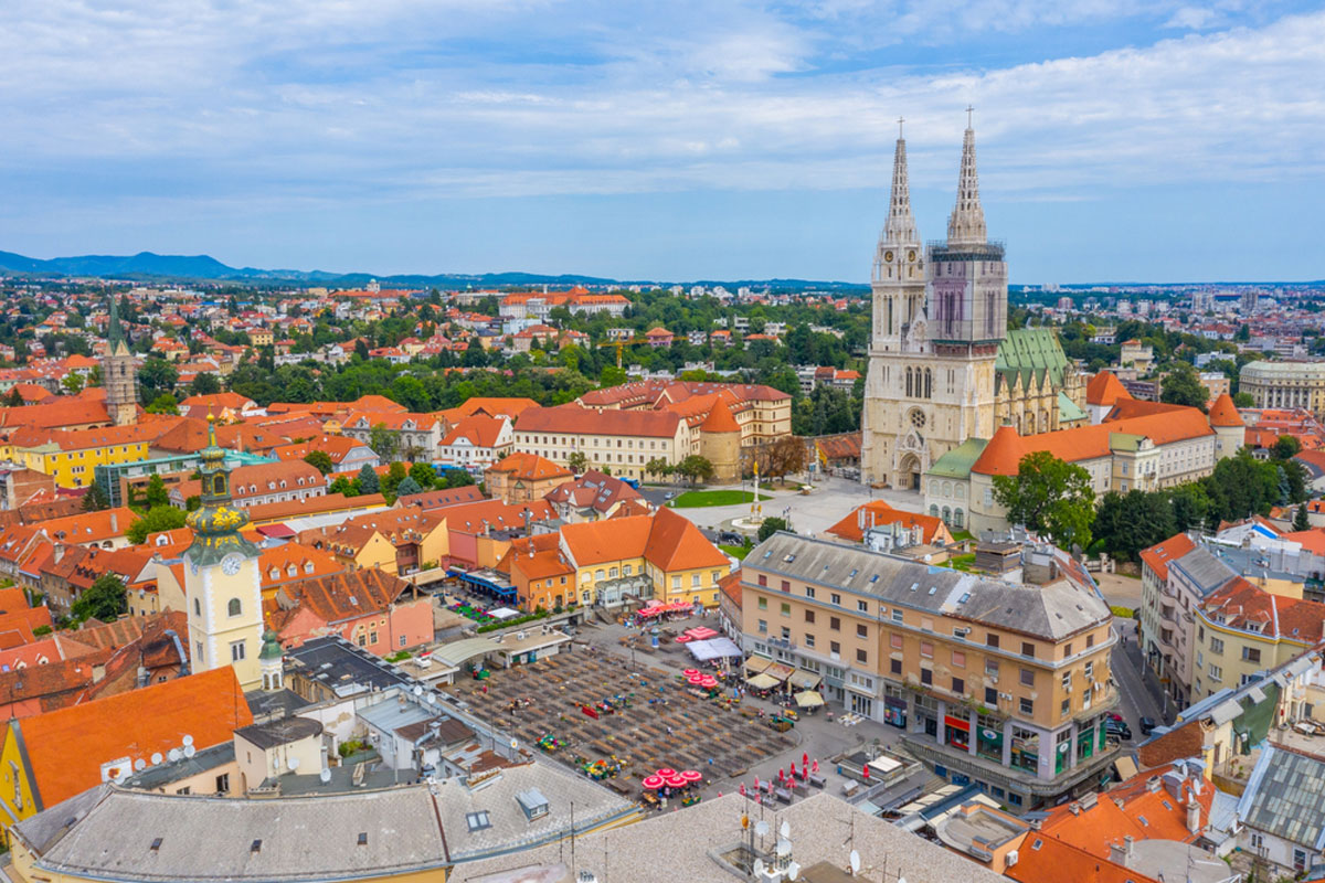 Aerial view of the cathedral of Zagreb and Dolac market