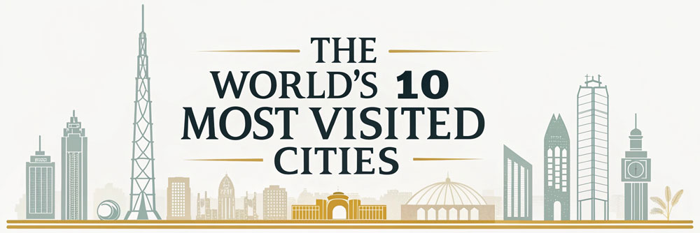 Banner for 10 most popular cities with text and some landmark city sketches